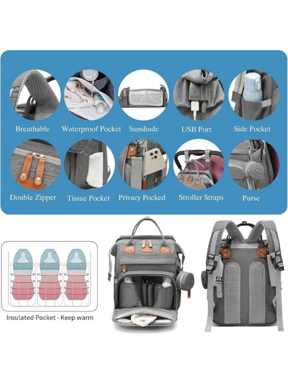 Stylish Waterproof Diaper Bag Backpack with Changing Station, USB Port
